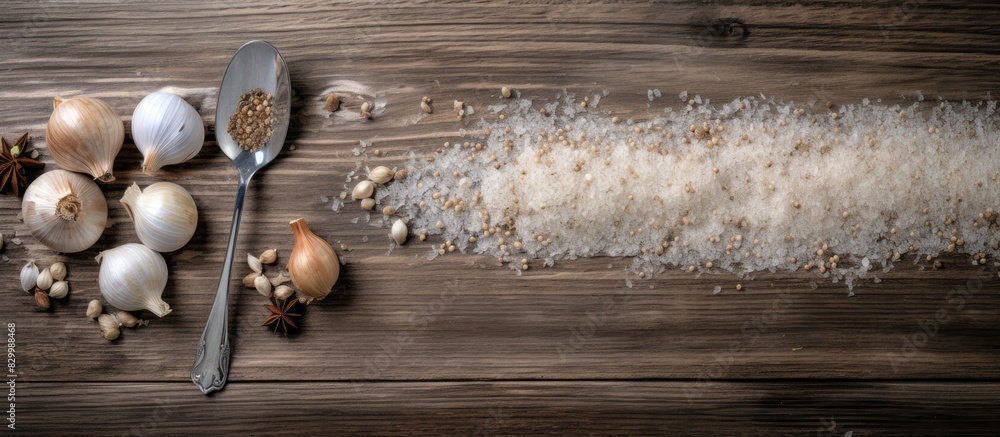 Poster flat lay on a grey wooden table featuring dehydrated garlic granules peeled cloves and a spoon ample