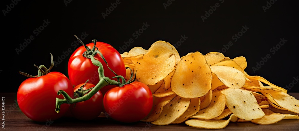Poster A copy space image of potato chips topped with tomatoes and hot pepper against a plain background