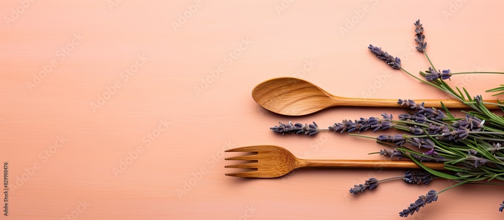 Aufkleber organic wooden cutlery includes a fork and takeaway knife resting on a lavender background accompani