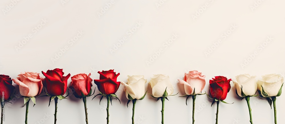 Poster high quality photo of a row of beautiful rose buds providing copy space the background consists of w