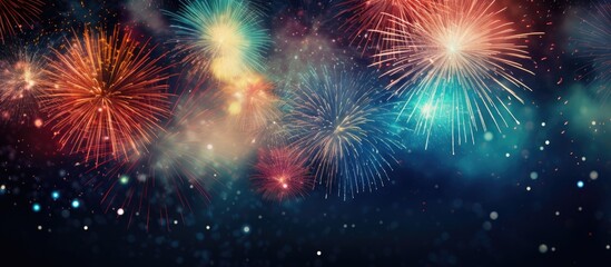 Naklejka premium Abstract holiday background with fireworks at New Year and space for text or images. with copy space image. Place for adding text or design
