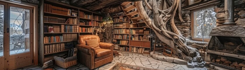 Cozy rustic library with a large armchair, surrounded by bookshelves and trees intertwined inside. A perfect reading nook.