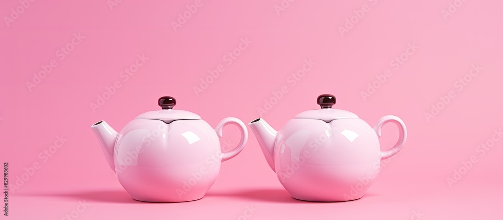 Poster a pink background hosts two white porcelain teapots with matching pink lids this flat lay image sign