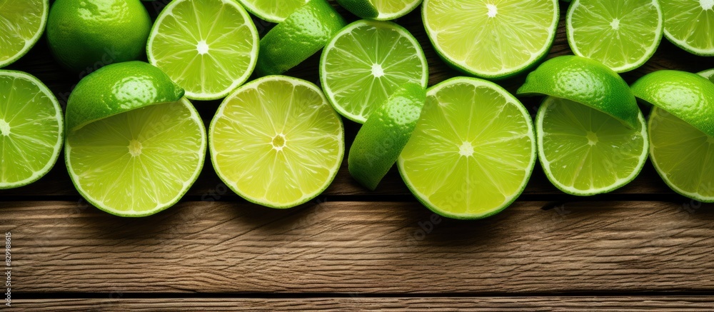 Poster A copy space image of freshly sliced limes neatly arranged on a rustic wooden backdrop