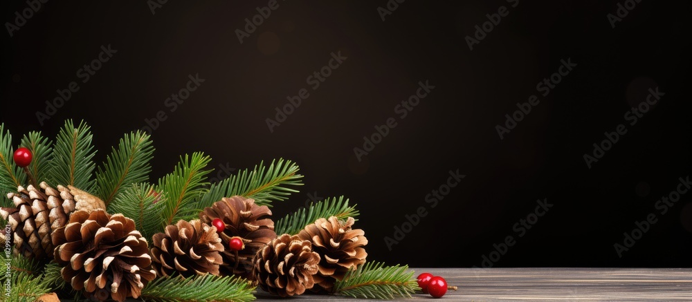 Poster a festive greeting card featuring christmas pinecones and a fir tree with a copy space image for per