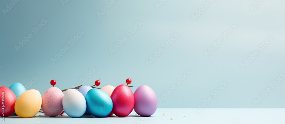 Poster a colorful easter egg themed creative layout with a minimal background depicting the joyful spirit o