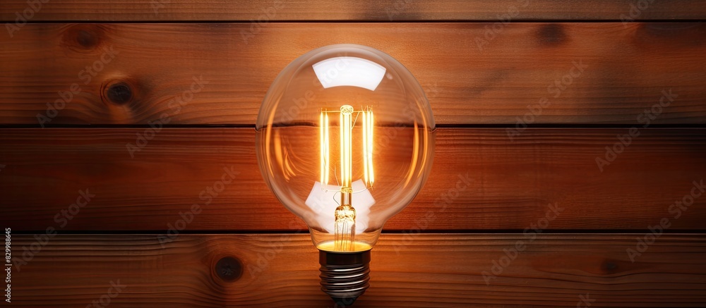 Poster A LED light bulb is seen from a top view against a wooden background providing plenty of space for additional images or text