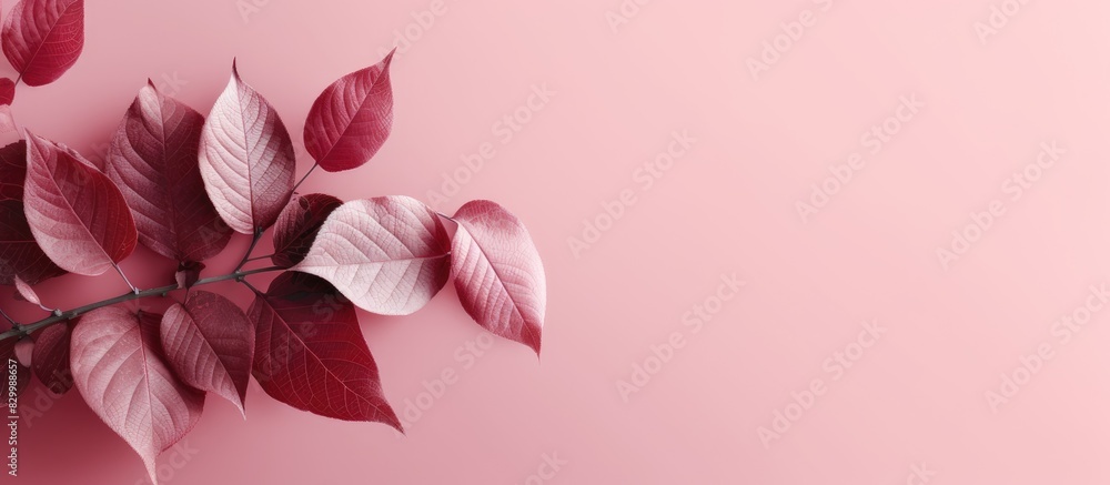 Poster copy space image featuring stylish trendy burgundy leaves on a minimal pink background creating a na