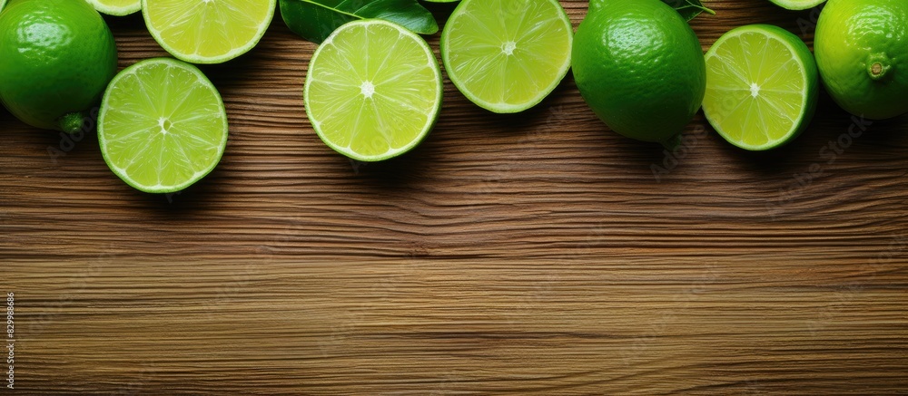 Poster A copy space image of freshly sliced limes neatly arranged on a rustic wooden backdrop