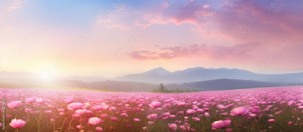 Aufkleber In the morning there is a beautiful scene of pink flower fields with plenty of empty space for text or images. with copy space image. Place for adding text or design
