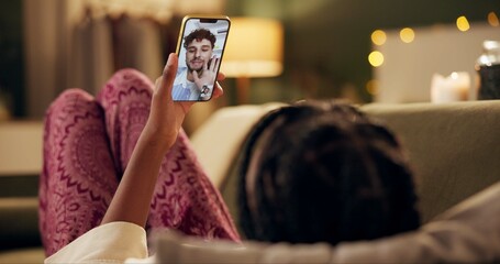 Woman, relax and wave to video call in home at night with virtual connection to man online with...