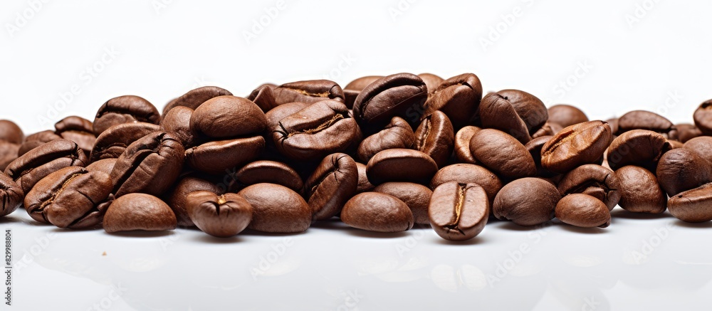 Poster an isolated heap of roasted coffee beans with copy space for advertisement or design purposes