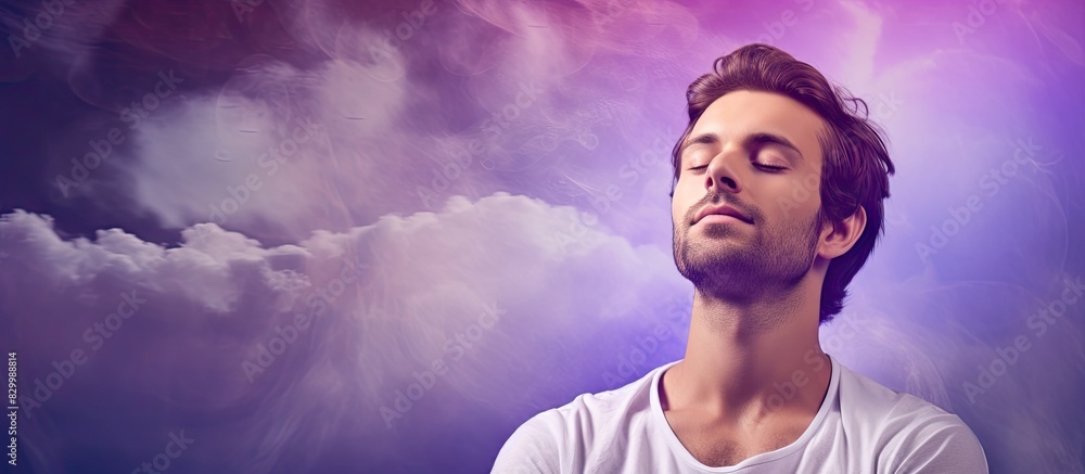 Poster caucasian man dreams of achieving goals and purposes on a purple background in a copy space image