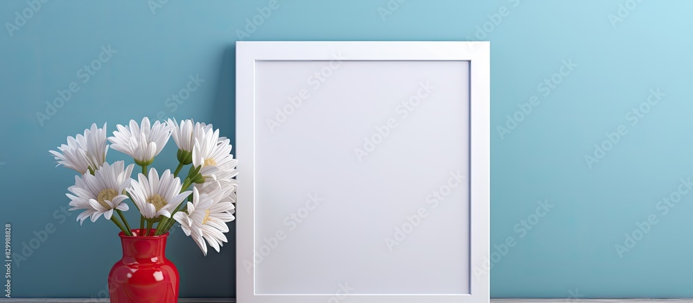 Poster a copy space image of a blank white frame mockup is showcased on a blue table standing out against a