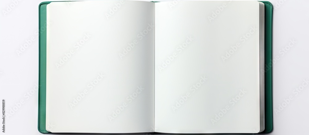 Poster A white background displays a blank green notebook providing ample copy space for written content or imagery