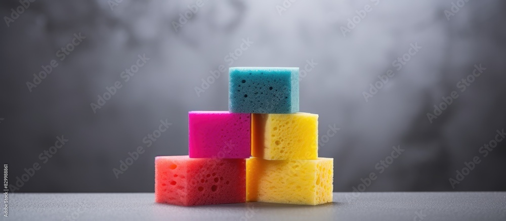 Poster colorful sponges on a gray concrete background create a cleaning day concept the image has a shallow