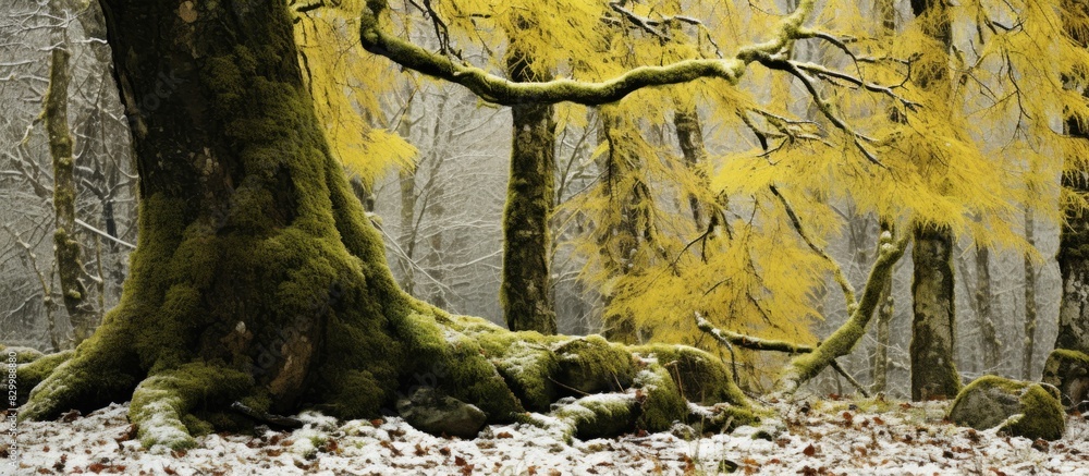 Poster In the forest during winter a tree is adorned with yellow and green moss creating a visually captivating copy space image