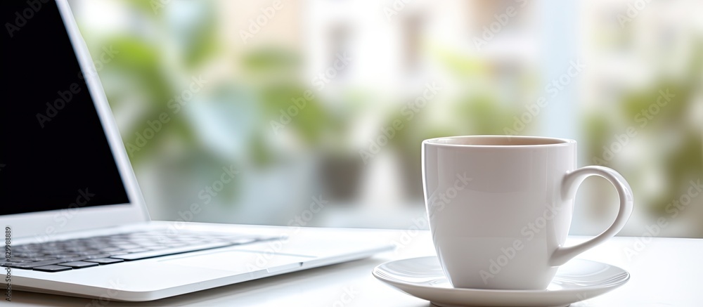 Poster A coffee break in the office featuring a cup of coffee and a laptop placed on a white desk with a shallow depth of field and ample white copy space image