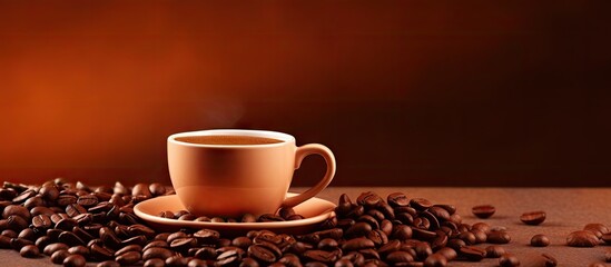 Image of a brown coffee cup with brown coffee beans. with copy space image. Place for adding text or design