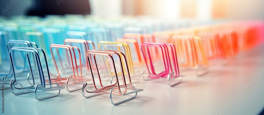 Aufkleber Paper clips serve as practical tools for neatly organizing sheets of paper in an orderly manner creating a tidy and efficient workspace. with copy space image. Place for adding text or design