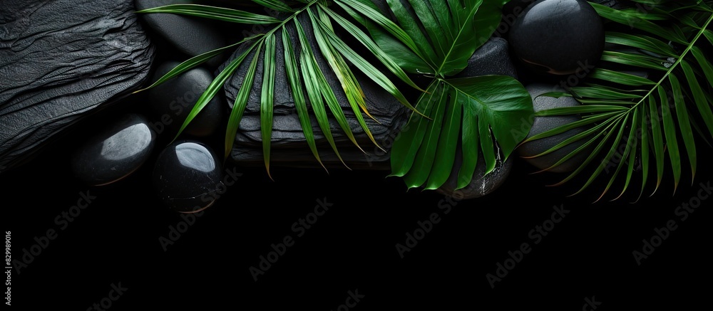 Poster black stones and green palm leaves artistically arranged on a black background leaving ample space f
