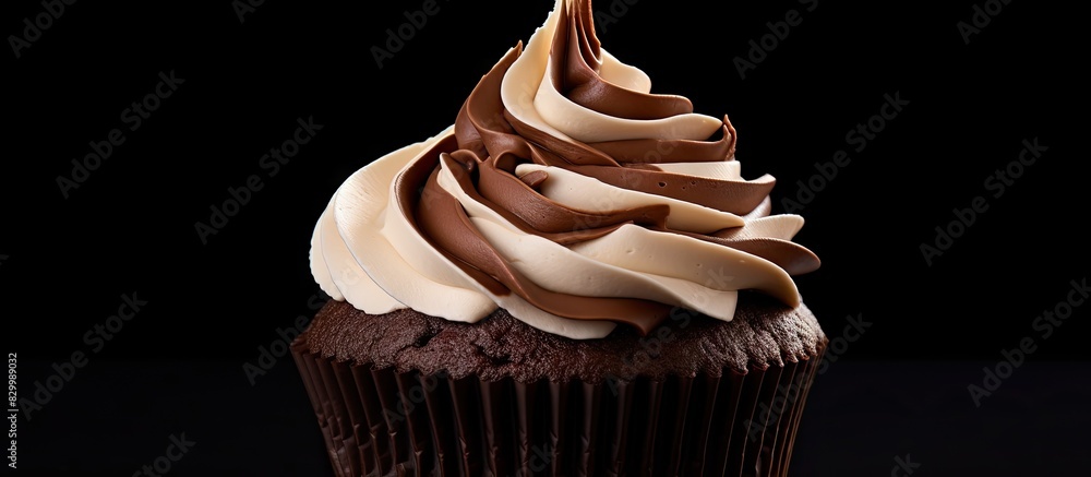 Poster A chocolate cupcake with a creamy topping displayed on a dark background with ample space for text or other elements