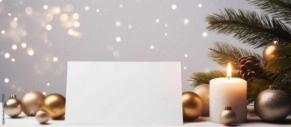 Poster a festive arrangement of a blank card christmas decorations and fir branches on a bright background 