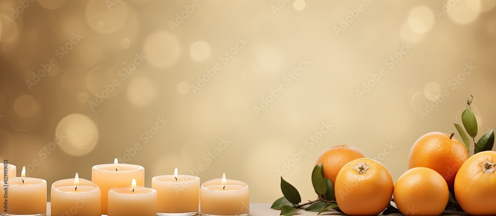 Fototapete a new year concept with tangerines candles and a peach background with copy space image
