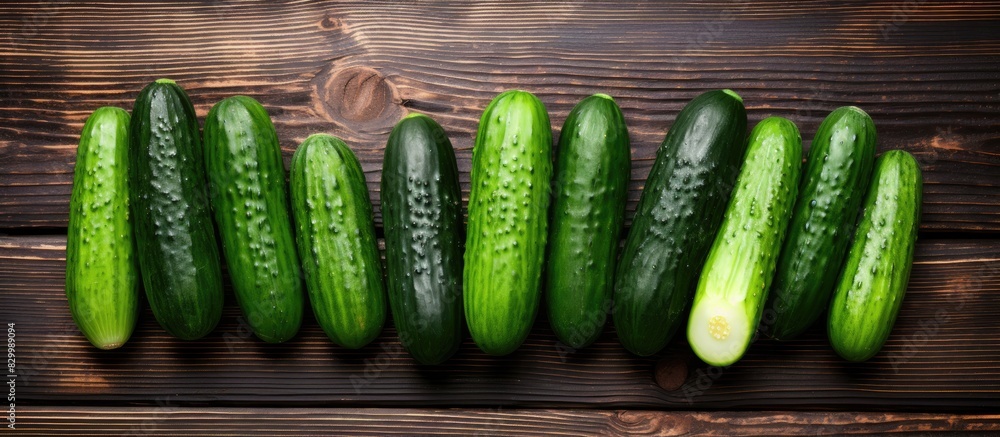 Poster A top down view of fresh cucumbers displayed on a rustic wooden table providing ample space for text and creating a visually appealing copy space image