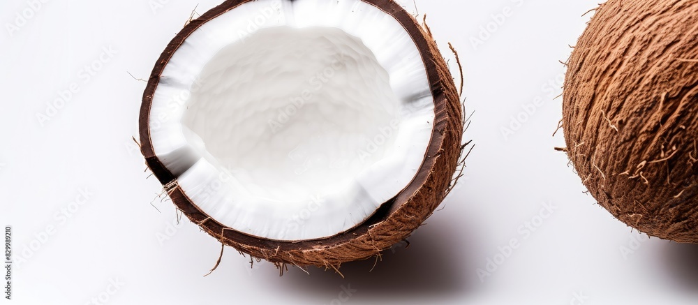 Aufkleber an isolated copy space image of a halved coconut on a white background