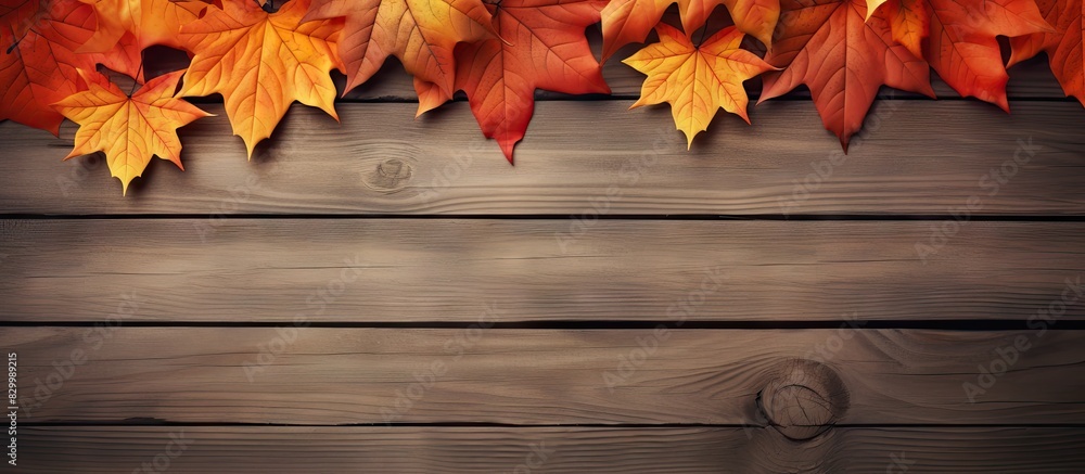 Leinwandbilder An autumn themed image featuring maple leaves arranged on a wooden table with plenty of empty space for other elements. with copy space image. Place for adding text or design