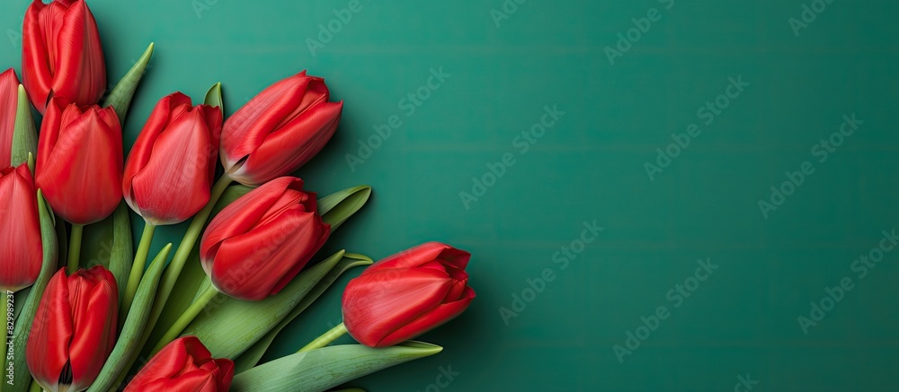 Poster top view copy space image of a bouquet of red tulips on a green background perfect for occasions lik
