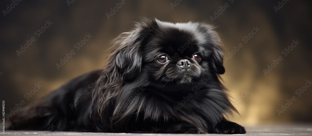 Poster a pekingese dog with a black coat is indoors and serves as a decorative element the background provi