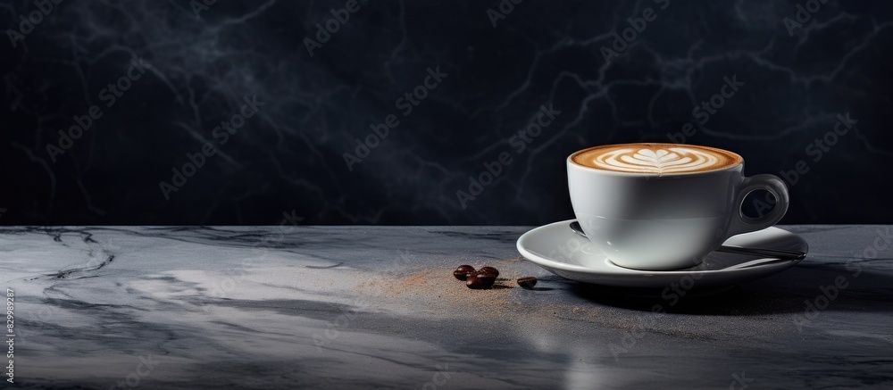 Poster a cappuccino being prepared with steamed milk in a black cup on a terrazzo countertop creating an ap