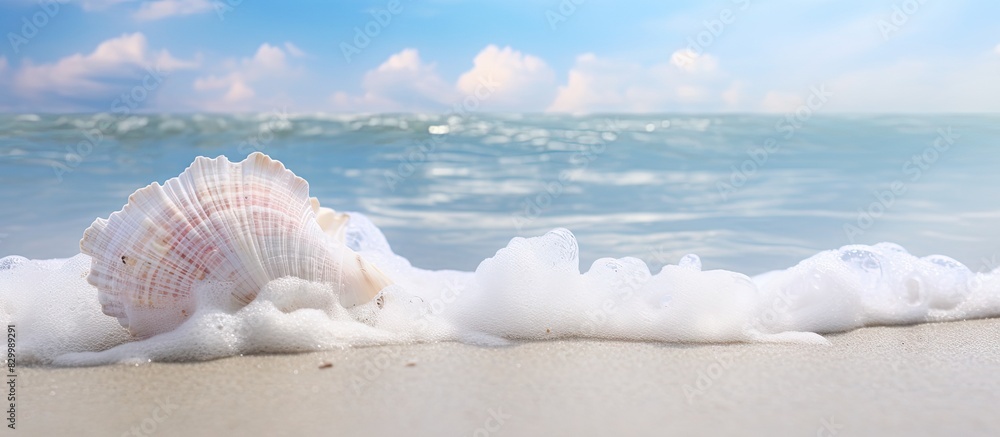 Aufkleber A close up abstract image of sea foam resting on a sandy beach featuring a small shell within the frame for copy space
