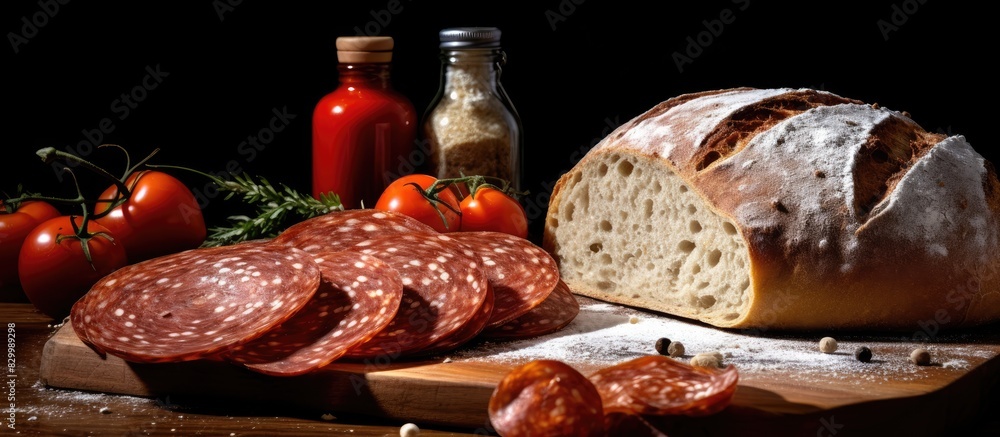 Poster Delicious homemade breads made with wheat flour include a plain loaf and one topped with savory pepperoni Copy space image