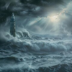 Dramatic lighthouse scene during storm, with turbulent ocean waves and ominous skies, illuminated by rays of light breaking through the clouds.