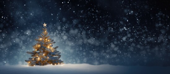 Fototapeta premium A festive background with a Christmas tree symbolizing the New Year is seen on a Christmas greeting card with copy space image