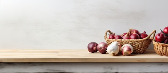 In a modern kitchen there is a white marble table with a basket filled with fresh onions The image has plenty of empty space for adding text. with copy space image. Place for adding text or design