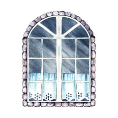 Retro window. Vintage vintage arched window with curtains. A hand-drawn watercolor illustration. Isolate it. A design element for home, children's games, postcards and decor.