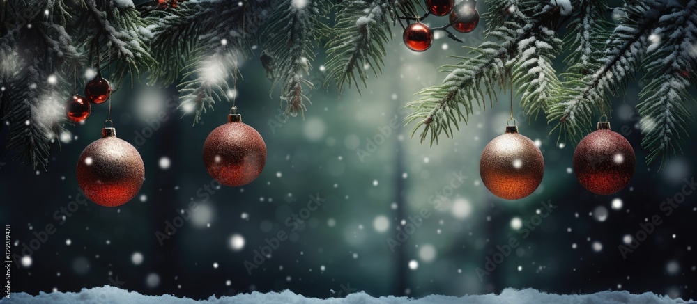 Aufkleber a festive scene with christmas decorations displayed against a backdrop of lush fir branches creatin