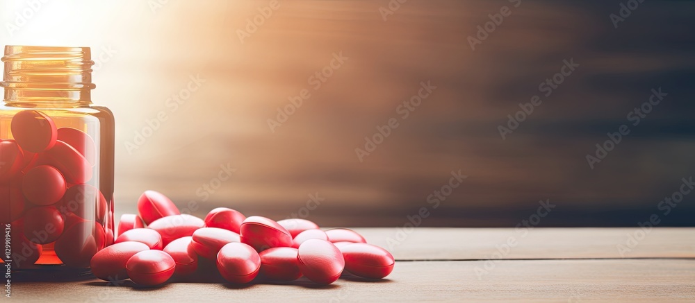 Poster a healthcare and medical concept is displayed with a red heart resting on a wooden table surrounded 