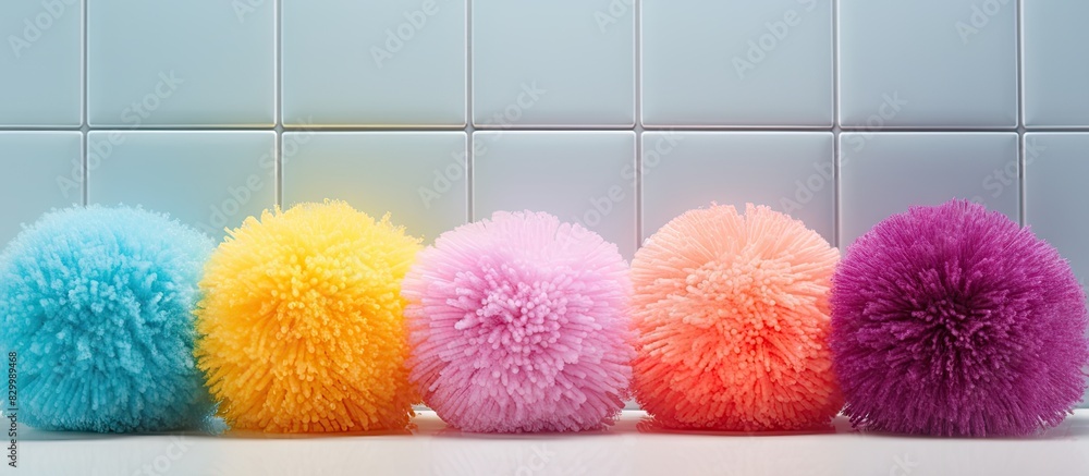 Aufkleber Multi colored bath puffs or sponges with a soft texture create a visually appealing image in the bathroom Ample copy space is available