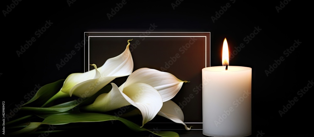 Fototapete a peaceful sympathy card featuring a burning candle a white calla lily and a dark background with ro