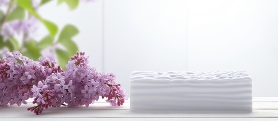 A copy space image featuring lilac flowers on a white wood table with soap - Powered by Adobe