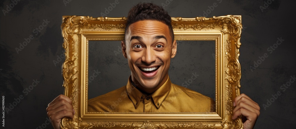 Poster A Latino man displaying a golden picture frame with ample space for an image