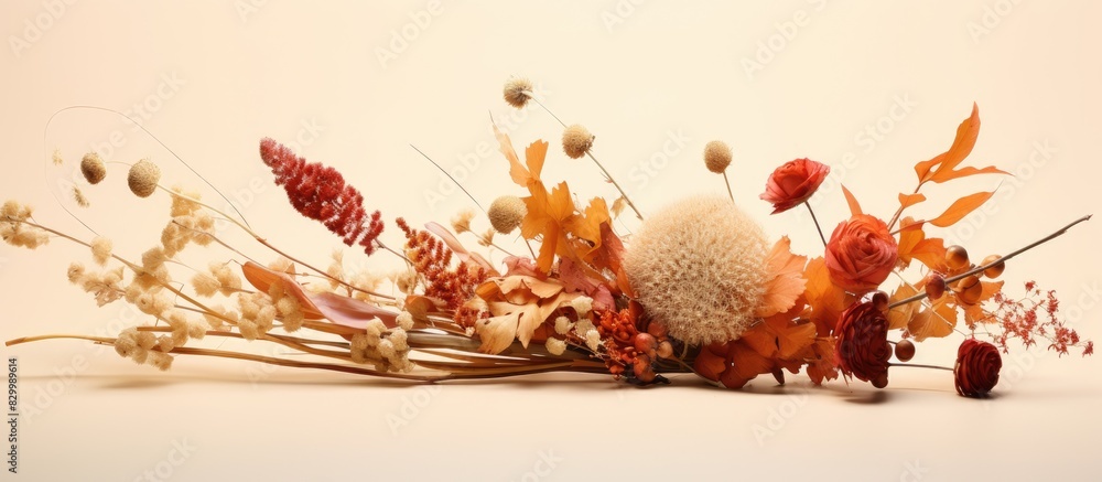 Fototapete a mix of various dried flower species arranged in a bouquet with empty space for copy in the image