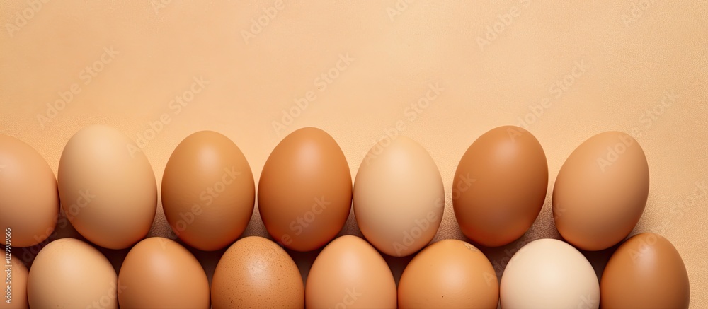 Poster a closeup top view of chicken brown eggs placed on a table leaving ample copy space in the image