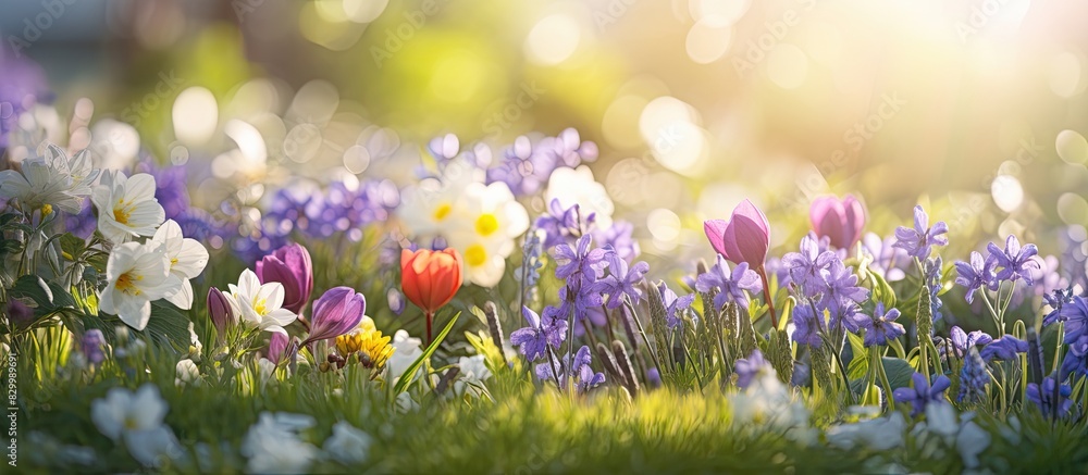 Poster a close up image of spring flowers blooming in the park representing the concept of summer copy spac