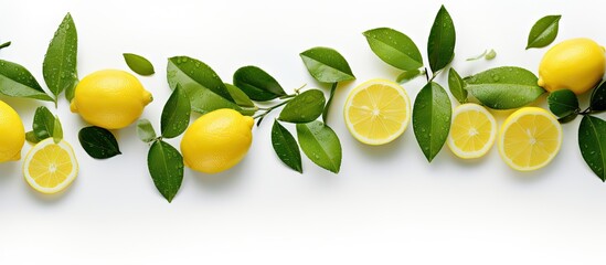 Obraz premium A fresh and artistic arrangement of lemon slices and vibrant green leaves on a clean white background forming an appealing copy space image